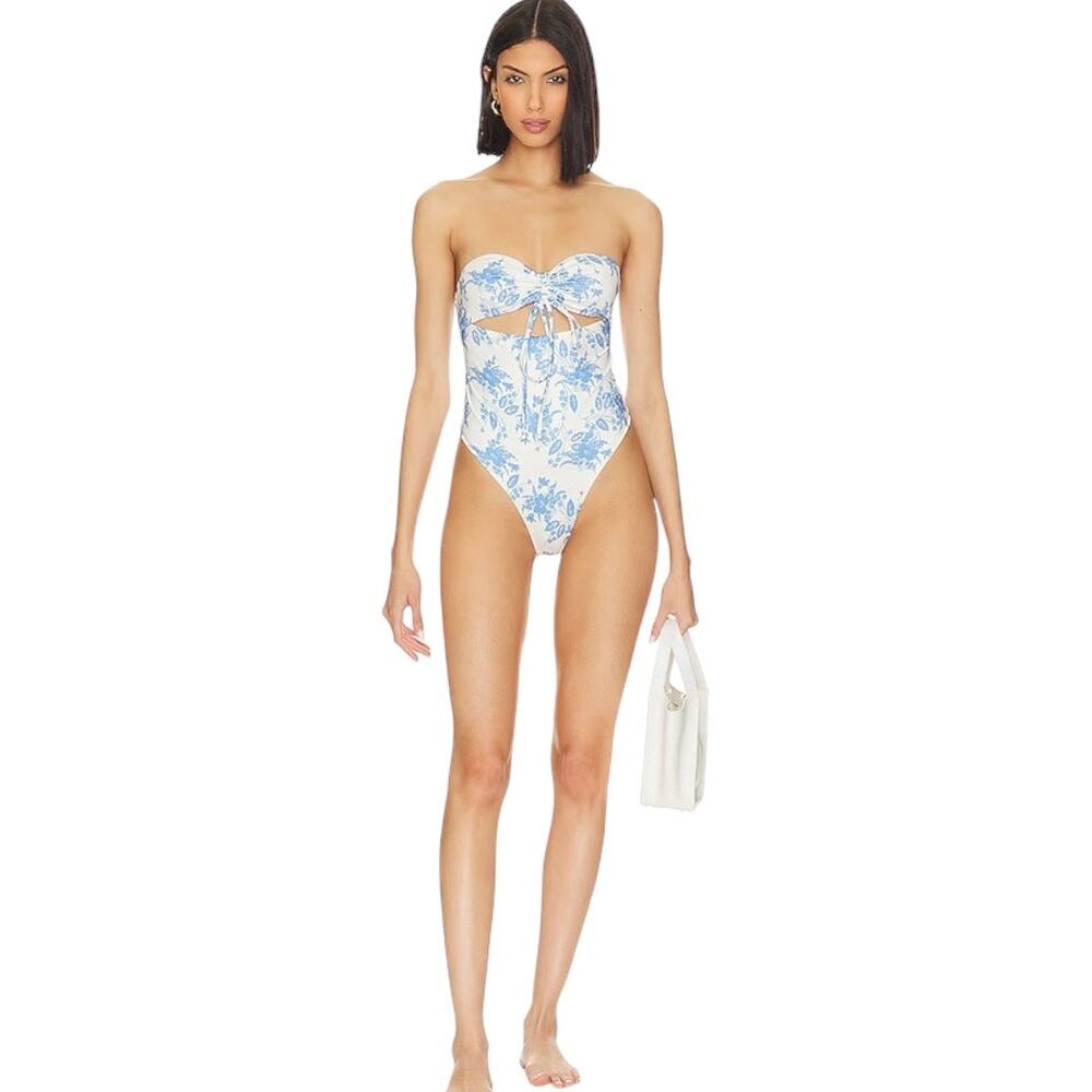 LoveShackFancy Baylor One Piece Swimsuit Medium Blue White Floral Bandeau - Picture 9 of 9